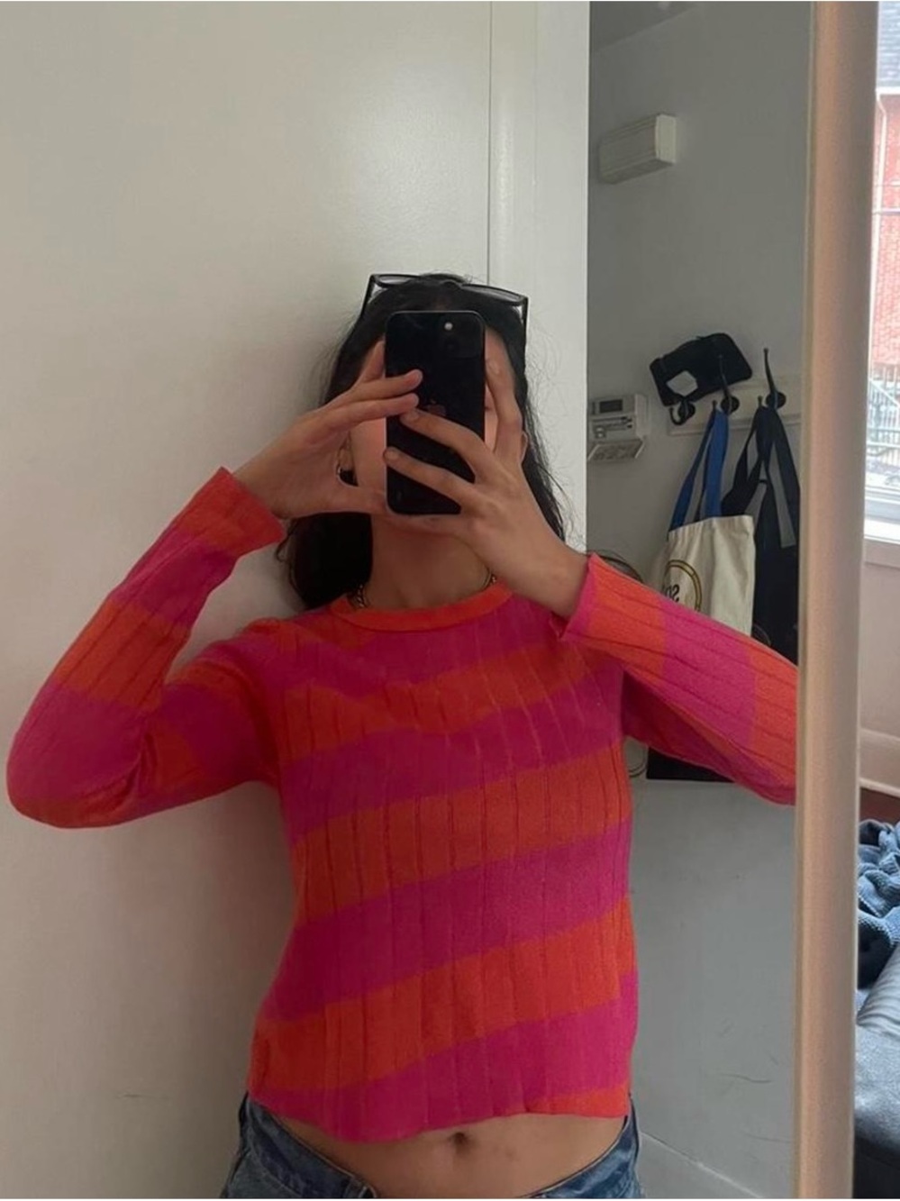 Mango Pink and Orange Striped Ribbed Crewneck long sleeve